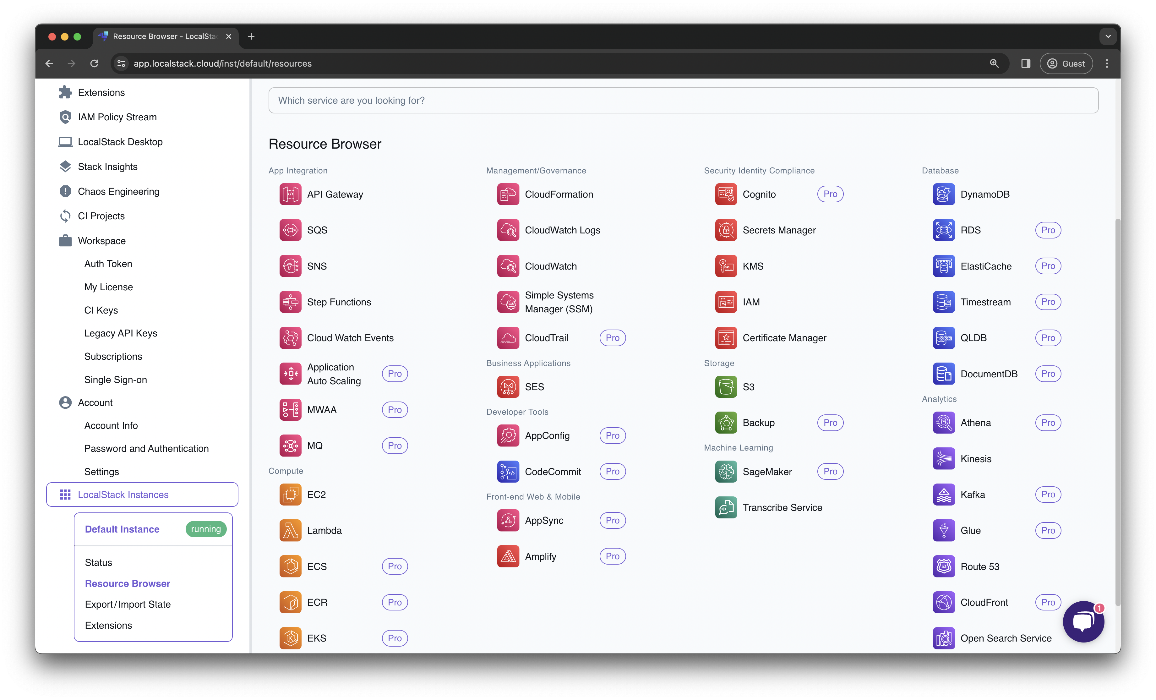 LocalStack Web Application’s Resource Browsers outlining various local AWS services